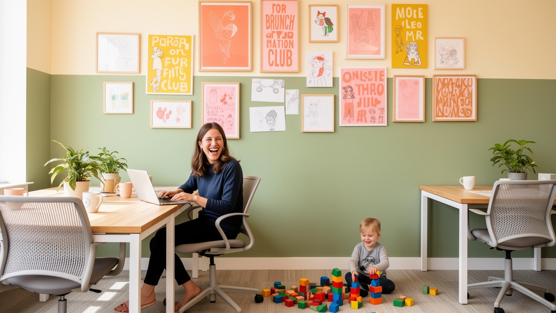 A laughing mum working at a desk while her toddler plays with blocks nearby